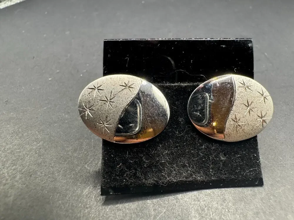 Vintage Signed 925 Sterling Silver Art Deco Etched Star Oval Cufflinks NOS